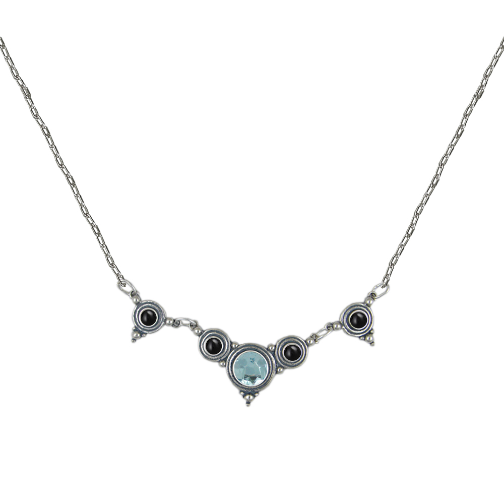 Sterling Silver Gemstone Necklace With Blue Topaz And Black Onyx